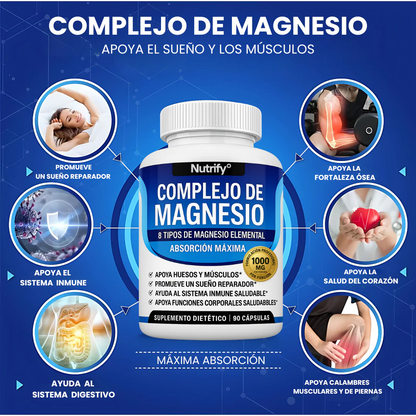 Magnesium Complex Supplement 8 Elemental 1000mg - Magnesium Glycinate, Citrate, Malate, Taurate, Chelated for Easy Absorption for Bones, Muscle, Recovery, Energy, Vegan Non-GMO 90 Capsules